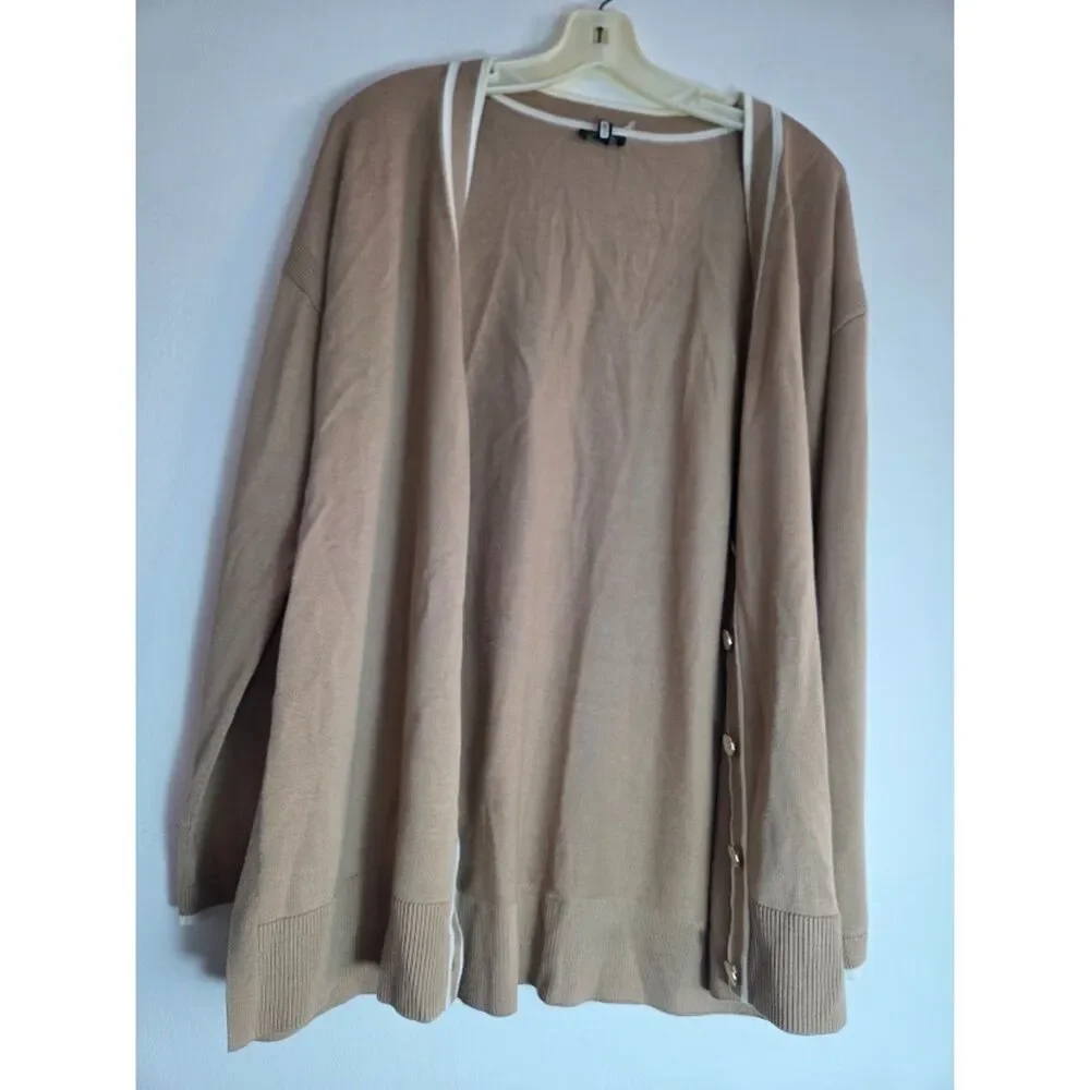 Talbots Dark Beige w/White Trim Cotton Button Front Neutral Cardigan size Large